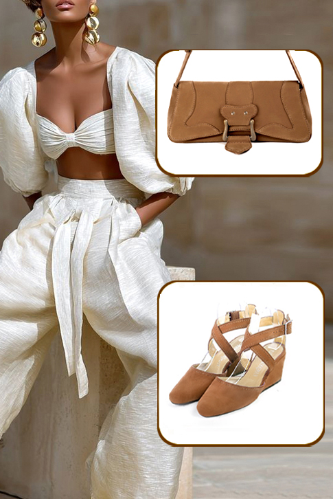 Dress closed-toe heels crossed straps in camel beige leather with medium wedge heels and round toe - Worn view